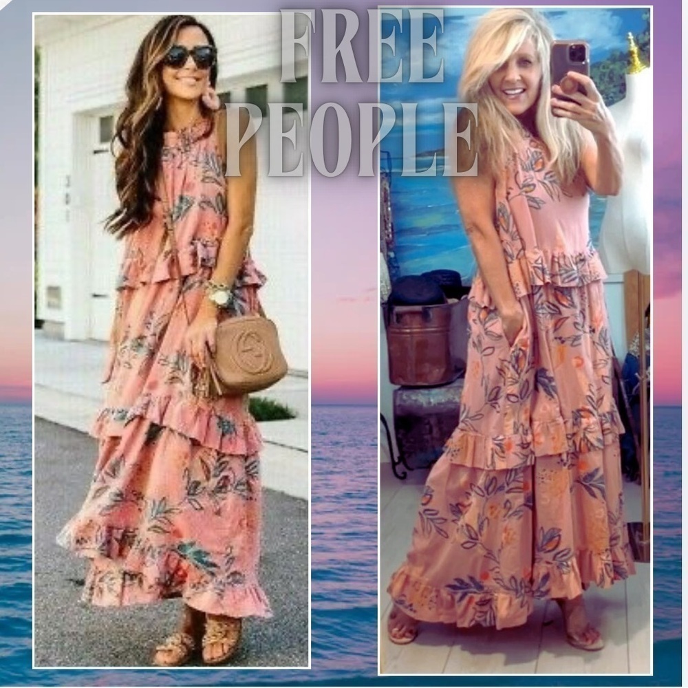 Free People, Anita Printed Maxi Dress Tiered Ruffle Pink Desert Rose, EUC,Size M - Picture 5 of 11